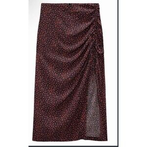 ZARA Floral Ruched Wrap Midi Skirt Women’s XS Black Red Side Tie Slit